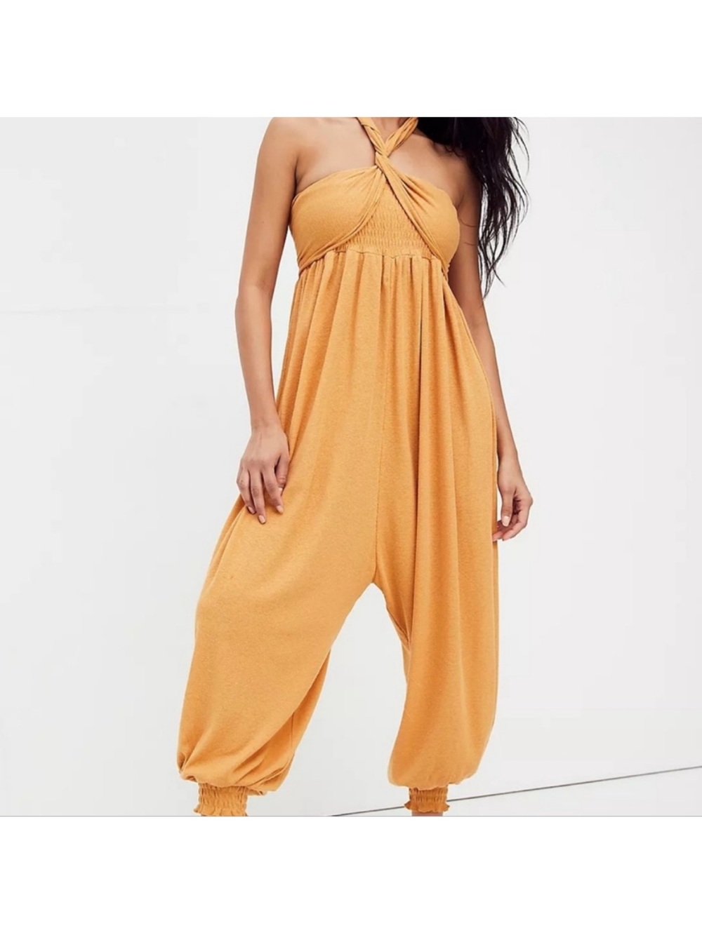 Free People just like that Twist Halter Smocked Harem Jumpsuit in Mustard